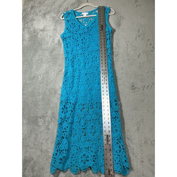 House of Harlow Blue Lace Open Knit Midi Bodycon Dress XS Lined Crochet Colorful - Picture 13 of 16
